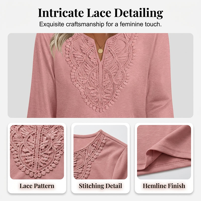 Top Pick - Lace-Trim V-Neck Blouse – Breathable Fabric &amp; Flattering Drape for Work or Weekend 🌿
