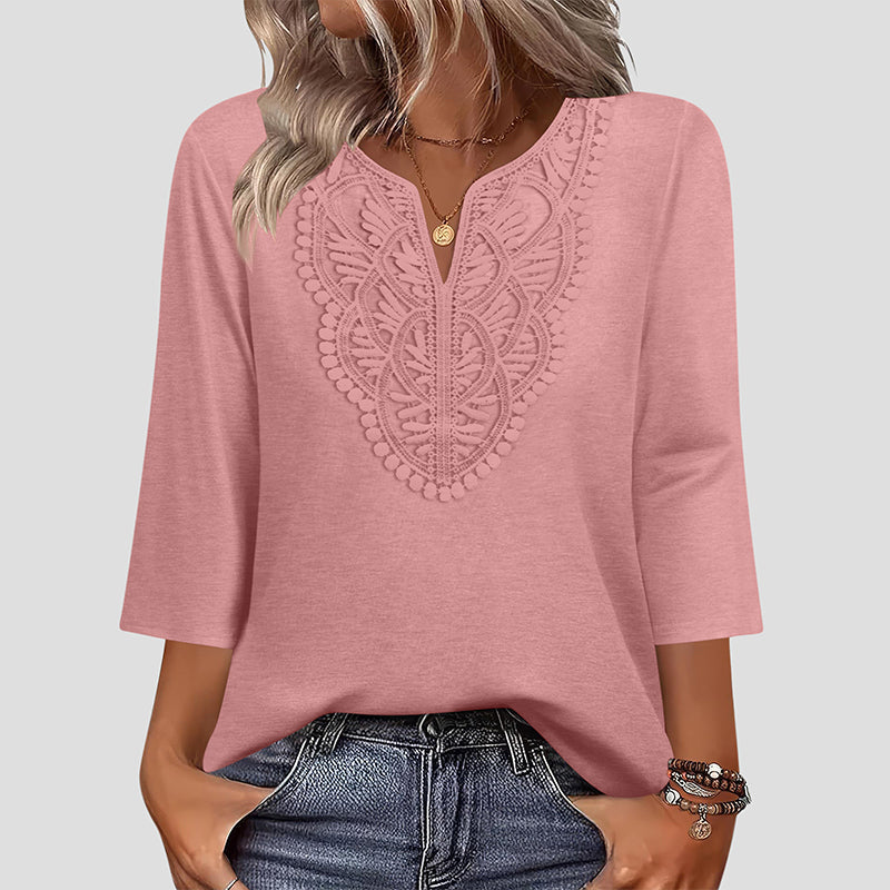 Top Pick - Lace-Trim V-Neck Blouse – Breathable Fabric &amp; Flattering Drape for Work or Weekend 🌿