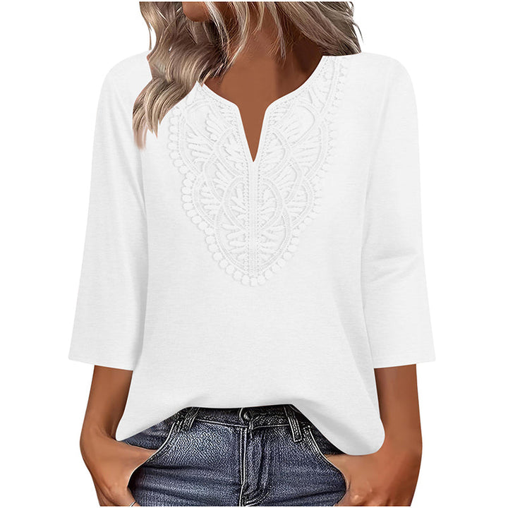 Top Pick - Lace-Trim V-Neck Blouse – Breathable Fabric &amp; Flattering Drape for Work or Weekend 🌿