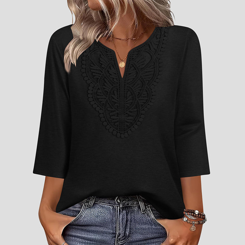 Top Pick - Lace-Trim V-Neck Blouse – Breathable Fabric &amp; Flattering Drape for Work or Weekend 🌿