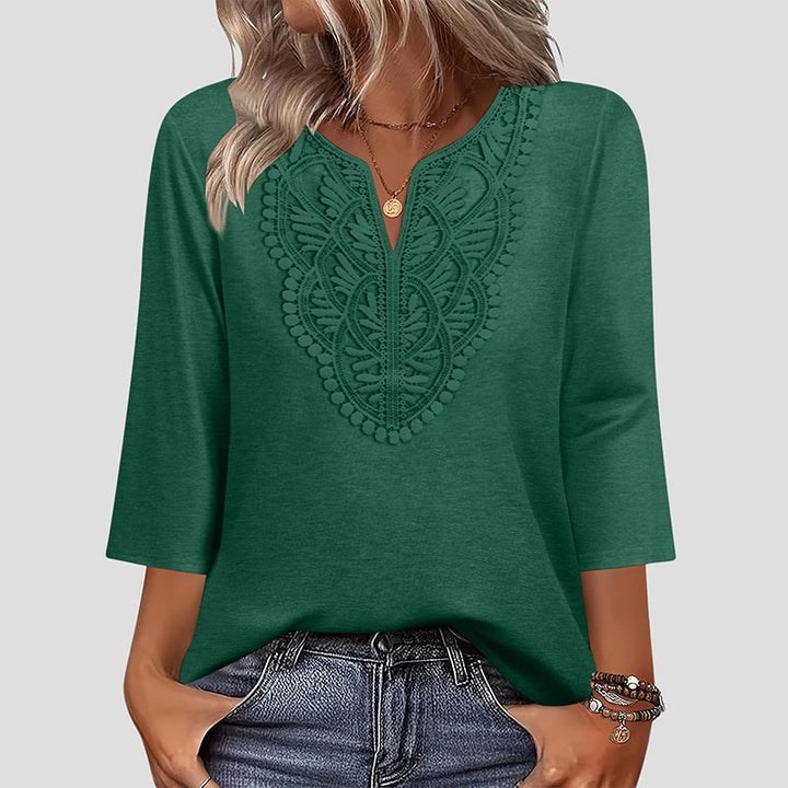 Top Pick - Lace-Trim V-Neck Blouse – Breathable Fabric &amp; Flattering Drape for Work or Weekend 🌿