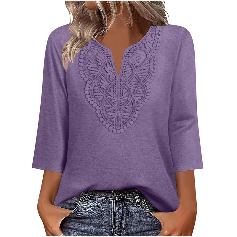 Top Pick - Lace-Trim V-Neck Blouse – Breathable Fabric &amp; Flattering Drape for Work or Weekend 🌿