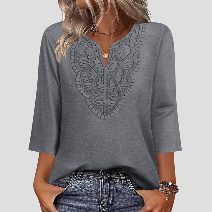 Top Pick - Lace-Trim V-Neck Blouse – Breathable Fabric &amp; Flattering Drape for Work or Weekend 🌿